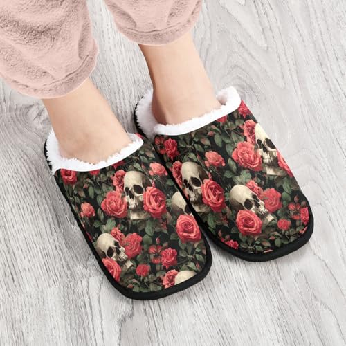 Retro Skull Pink Rose Slippers For Women Men Soft Memory Foam Non-Slip Halloween Winter Indoor House Shoes Travel Slipper4
