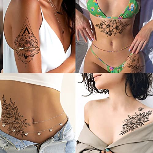 Tazimi 12 Sheets 3D Black Flower Temporary Tattoos For Women Rose Peony Flower Sketch Tattoos Stickers For Women Body Art #TOP3