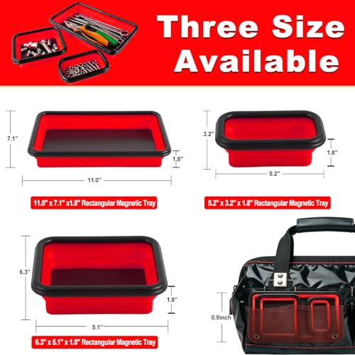 Collapsible Magnetic Parts Tray Set with Extra Strong Magnet Up to 18LB, 3 Different Size Silicone Foldable Tool for Organizing Screw Bolts Nuts Washers Pins and Other Small Metal Parts - Red by MOOKFUFU - Image 4