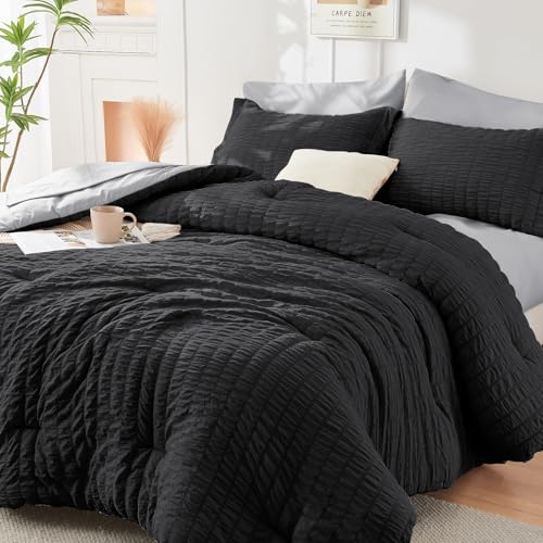 Image of HYMOKEGE Black /Light Grey King Size Comforter Set Seersucker 7 Pieces, All Season Luxury Bed in a Bag for Bedroom, Bedding Set with Comforter, Sheets, Pillowcases & Shams
