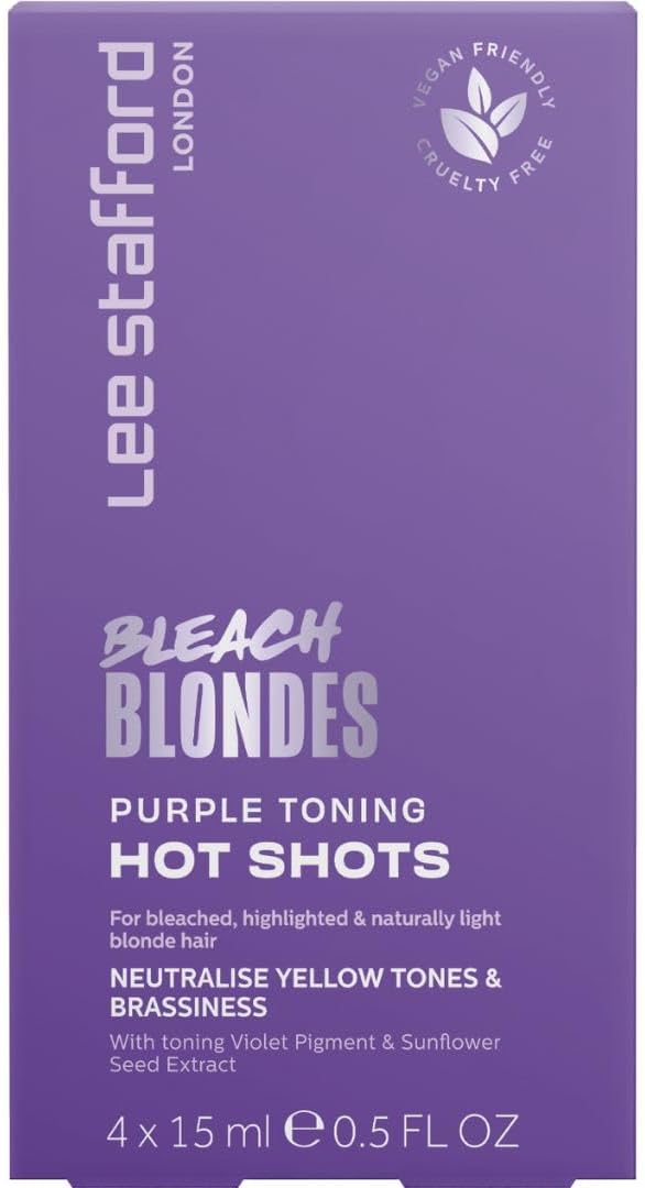 Lee Stafford Purple Toning Hair Treatments | Bleach Blondes Hot Shots - Violet Shampoo Power Dose Treatments, Neutralizes Brassy & Yellow, Great for Color Treated, Silver, & Grey, 4 x 15ml Doses