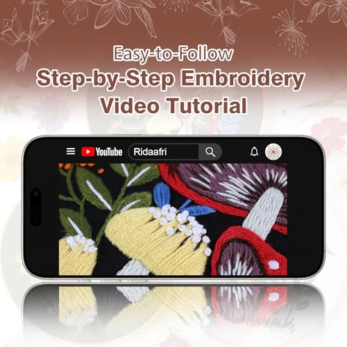 Image of RidaaFri Embroidery Kit for Beginners, 3 Pk Stamped Mushroom DIY Craft Supplies with Hoop, Needles, Floss, Video, Complete Starter Kit for Learning Embroidery, Hobby Gift