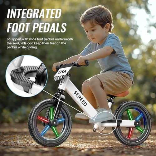 Image of SEREED Toddler Balance Bike 2 Year Old, No Pedal Kids Bicycle Toys for 2-5 Years Old, Tool-Free Adjustment, Customize Plate with Stickers, Gift for 2-3 Boys Girls (White Lighting)