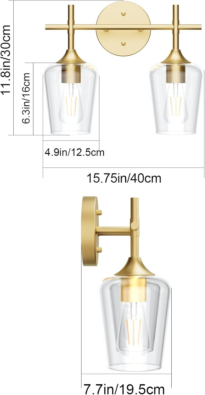 Ralbay Gold Bathroom Light Fixtures 2-Lights with Clear Glass Modern Wall Mount Lighting Industrial Farmhouse Gold Bathroom Vanity Lights Wall Sconce