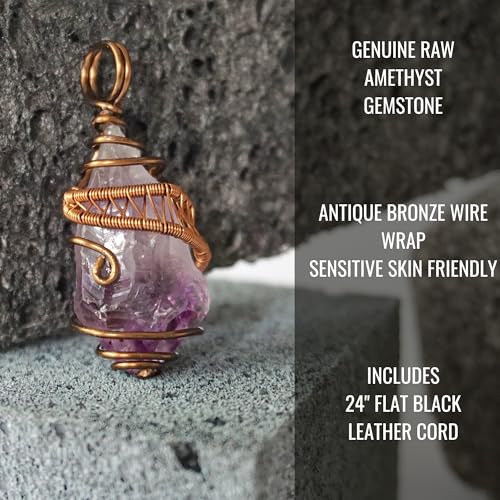 Men's Large Raw Gemstone Pendant Necklace – Antique Bronze Wire Wrap, Birthstone Collection, 24" Black Leather Cord, Handcrafted in North America - Image 4