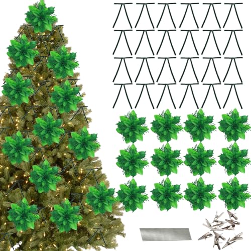 GREENTIME 36Pcs 5.5" Green Poinsettia Artificial Flowers & 6.7" Velvet Bows