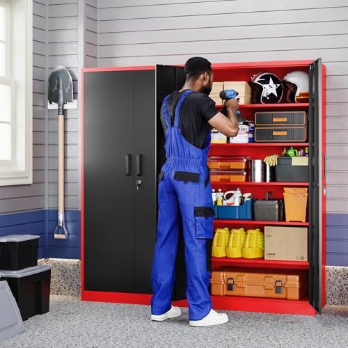 Image of Yizosh Metal Garage Storage Cabinet with 2 Doors and 5 Adjustable Shelves - 71 inch Steel Lockable File Cabinet,Locking Tool Cabinets for Office,Home,Garage,Gym,School (Red Black)