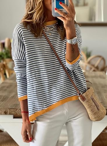 Image of Womens Striped Lightweight Cotton Sweaters Long Sleeve Crew Neck Color Block Casual Knitted Pullover Tops