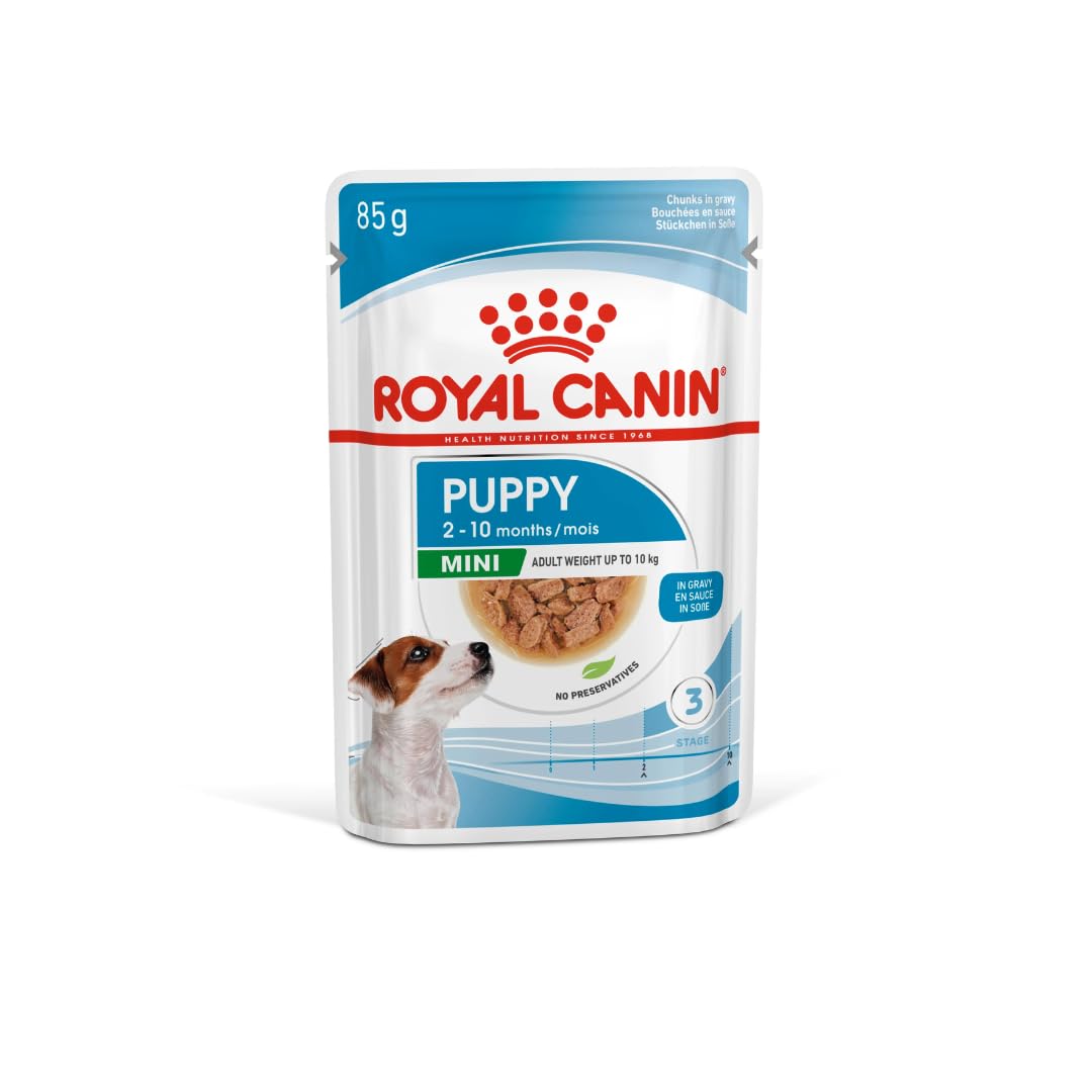 ROYAL CANIN Mini Puppy | Paquete de 4 | 4 x 12 x 85 g | Comida húmeda para Cachorros de Razas pequeñas | hasta 10 Meses de Edad | Trozos Finos en Salsa | Textura Suave para Dientes de Leche