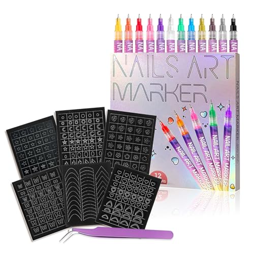 12 Colour Nail Art Pen Set with 6 Sheets Manicure