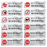 12 St. Bitte Keine Werbung Aufkleber Briefkastenschild, witterungsbeständig, Edelstahl-Optik, Silber, 68 x 21 mm - 8 Motive