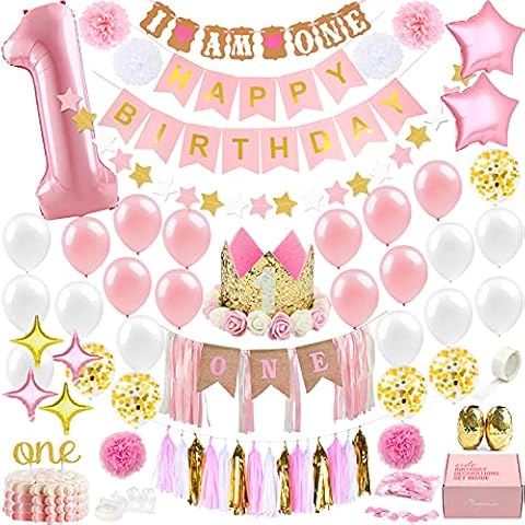 1st Birthday Girl Decorations WITH Birthday Crown- Baby First Birthday Decorations Girl - Pink and Gold Party Supplies - One Balloon, Heart and Confetti Balloons, Happy Birthday Banner ONE Cake Topper Cover