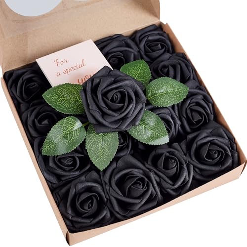 Sahoottie Schwarze Künstliche Blumen Rosen Fake Schaumstoff Rosen Köpfe mit Stiel Kunstrosen Blumen Deko Kunstrosen für DIY Hochzeit Blumensträuße Braut Zuhause Dekoration Geburtstagsdeko(16PC)