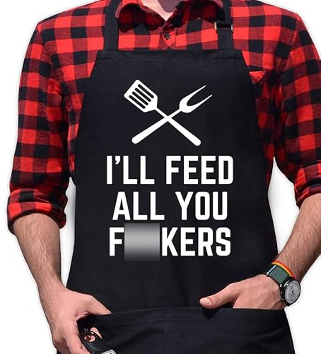 Funny Apron For Men | Birthday Gift For Dad , Husband , Friends | I Will Feed All You Kitchen - Grilling Cooking Bbq Chef Aprons | Black Apron With Pockets | Christmas Gift For Men Who Have Everything #TOP6