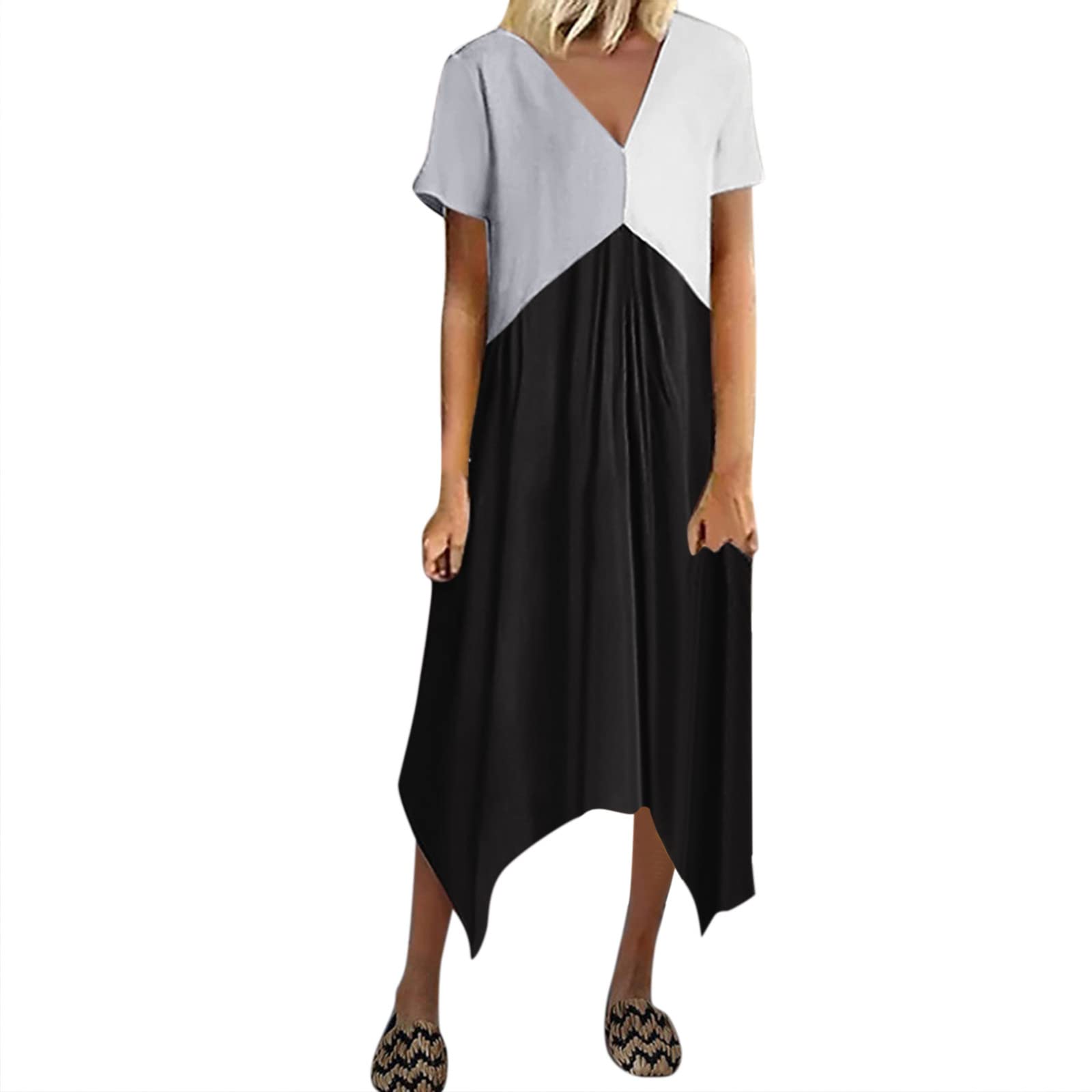Robe à manches courtes et col V ample style vacances d'été - 7
