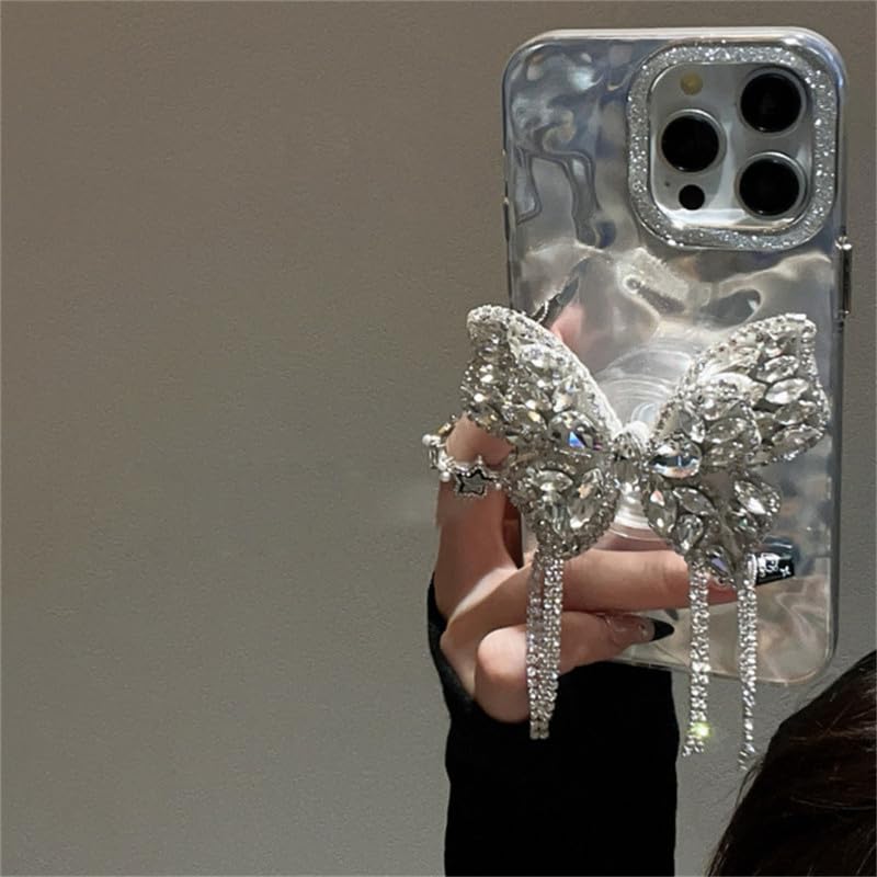 Image of COVERLY for iPhone 12 Pro 3D Butterfly Tassel Diamond Holder Stand Wrinkle Artistic Phone Case, Luxury Rhinestone Glitter Bride Water Ripple Lens Protection Holographic Cover for Apple iPhone 12 Pro
