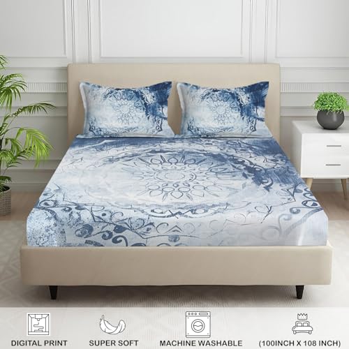 Image of Signature Digital Print Geometric Designs Super King Size Bedsheet - 108 x 108 inches | 100% Cotton-Feel Soft Fabric | Fade-Resistant Colors | 2 Matching Pillow Covers (Indigo Mandala)