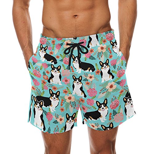 Corgi Flowers Men s Swim Trunks Beach Shorts Stripe Quick Dry Casual Polyester Swim Shorts