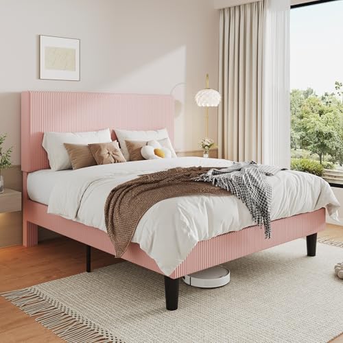 Image of Allewie Queen Bed Frame, Corduroy Tufted Headboard, Light Pink | Soft Corduroy Fabric, Adjustable Headboard, 900 lb Capacity, Wooden Slats, No Box Spring Needed, Easy Assembly