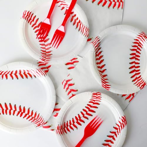 Image of gisgfim 24 Pcs Baseball Party Paper Plates Supplies 7 inch Baseball Birthday Party Disposable Dessert Plates Decorations Favors For Baseball Fans Boys Baby Shower