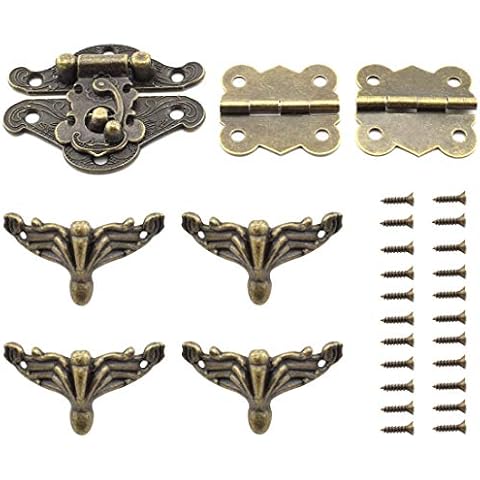SDTC Tech Antique Bronze Buckle Latch and Butterfly-Shape Hinge and Bracket Feet Retro Furniture Decoration Fitting Kit for Jewelry Box Cabinet Wooden Storage Case (1 Hasp Catch + 2 Hinges + 4 Legs) Cover