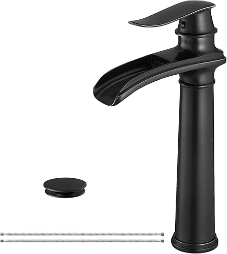 Grifo de lavabo de recipiente negro mate, grifos de baño de una sola manija, un agujero, cascada, grifo de fregadero de baño, montaje en cubierta