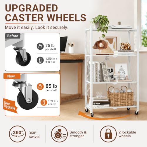 Image of black leopard 4-Tier Foldable Metal Storage Shelf with Wheels, White | Foldable Design; 85 lb Capacity per Shelf; Preassembled Frame; Lockable Casters; Reinforced Metal Construction