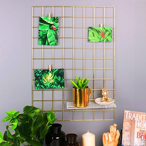 hosaken Metal Mesh Grid Panel, Photo Wall Decoration Display Organizer, Wall Art DIY, Picture Hanging, 17.7" x 25.6", Gold