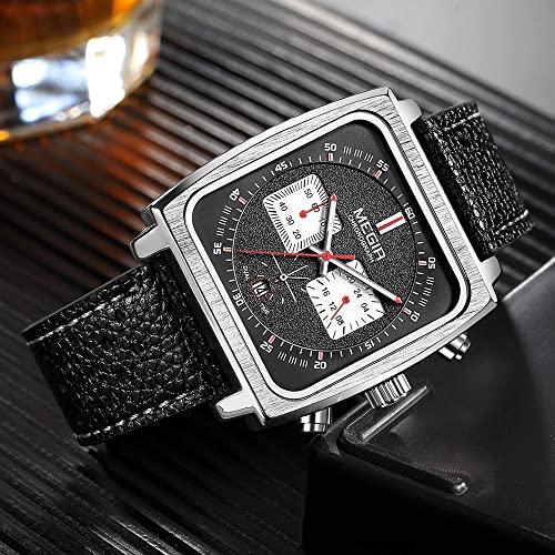 Megir Casual Quartz Watches For Men Leather Strap Waterproof Luminous Chronograph Wristwatch With Date 24-Hour Indicator Silver Black 2182 #TOP5