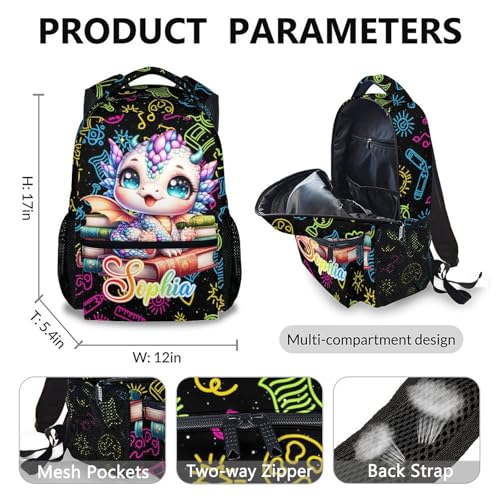 Kids Backpack for Girls - Set of 3 Custom Dragon Student Backpacks for School Toddler Kindergarten Elementary Primary Middle - 17’’ Lightweight Cute Personalized Bookbag - Back to School Supplies4