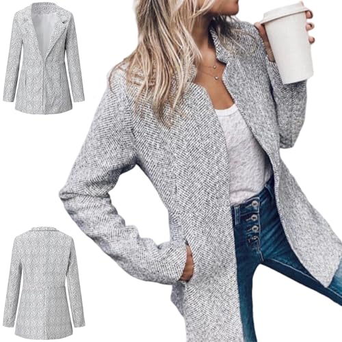 Woolen Street Style Plaid Slim Fit Jacket, Women's Solid Color Pocket Long Sleeve Open Front Coat, Casual Suit Jacket