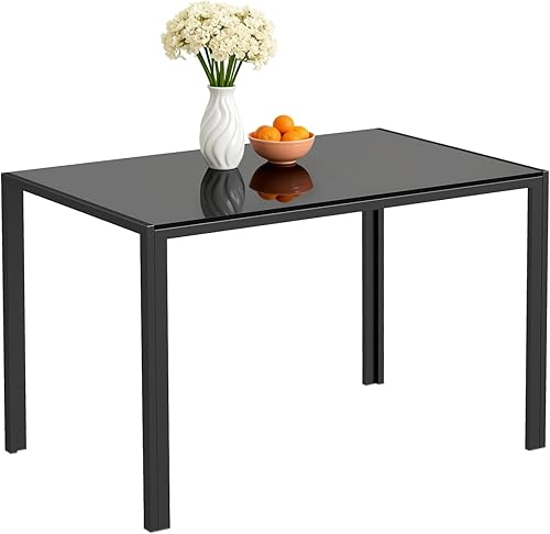 Miniatura 8 de FDW Juego de mesa de comedor de 5 piezas Negro Mesa de cocina de cristal con 4 sillas tapizadas y cojines de piel sintética Diseño moderno