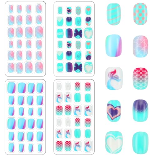96 Pcs Fake Nails for Kids Press on Nails Full Cover Girls Short Stick on Nails Pre-glue False Nail Tips for Girls Kids Nail Art Decoration Party Favors(Blue & Green)