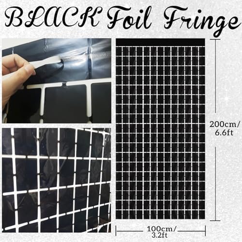 Image of GOER Black Party Backdrop Metallic Tinsel Foil Fringe Curtain Photo Booth Props for New Year's Eve Graduation Halloween Birthday Casino Theme Party Holiday Celebration Party Decorations (2 Packs)
