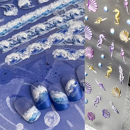 5D Relief Nail Art Stickers Ocean Starfish Jellyfish Summer Sea Waves Decals Tip for Salon DIY Acrylic Nails Design 3Sheets(Beach)