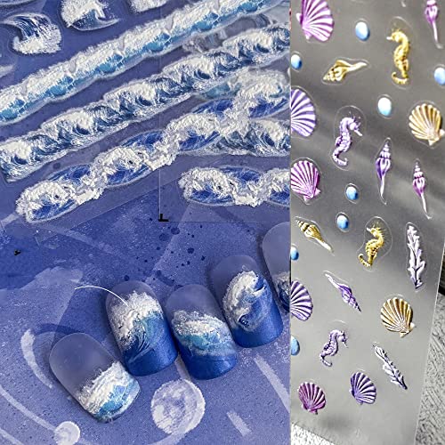 5D Relief Nail Art Stickers Ocean Starfish Jellyfish Summer Sea Waves Decals Tip For Salon Diy Acrylic Nails Design 3Sheets(Beach) #TOP19