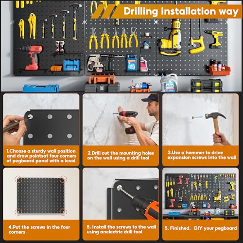 Image of Peg Board, 112PCS Heavy Duty Metal Pegboard with Hooks, 6 Pack Black Peg Board Panels, 60lbs Load Capacity Each, Pegboard Wall Organizer for Garage, Workshop, Kitchen, Craft Rooms