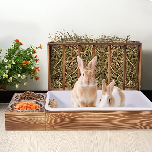 MOGOULUA 3 in 1 Heuraufe Kaninchen Holz Futterspender Heu Kaninchen mit Katzentoilette für Hamster Hölzerner Hasenfutterautomat Heuhaltergestell für kleine Haustiere(Geröstete Farbe)
