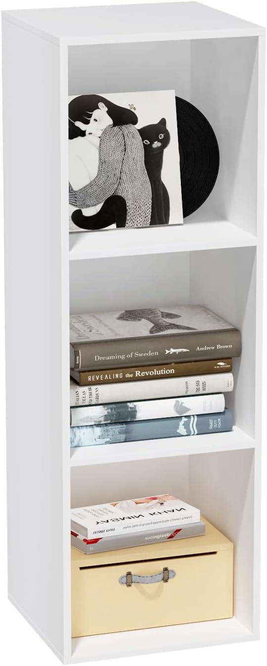 3 Cube Storage Organizer with Closed Back Panel- Wooden 3-Tier Open Bookshelf, 11 Inch Cube Storage Organizer, Tall Vertical Display Shelf for Living Room, Bedroom, Office (White, 3-Cube)
