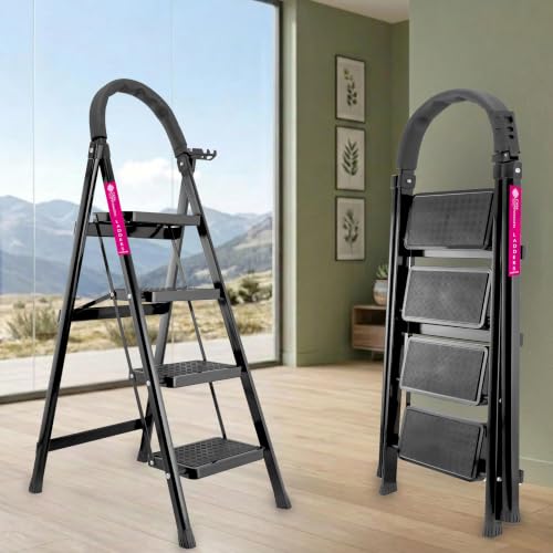 Image of Casa Copenhagen Black 4 Step Ladder for Home Use with Built-in Tool Tray | Heavy Duty D Shape Rods | Ultra Large Platform | Wide Rubber Feet | 150Kg Capacity Foldable Ladder - 7 Years Warranty