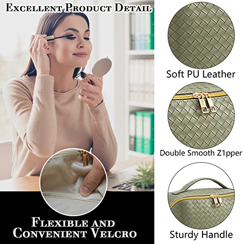 MINGRI Large Capacity Travel Cosmetic Bag for Women,Makeup Bag Travelling PU Leather Cosmetic Bag Waterproof,Multifunctional Storage Travel Toiletry Bag Skincare Bag (Woven-Green)
