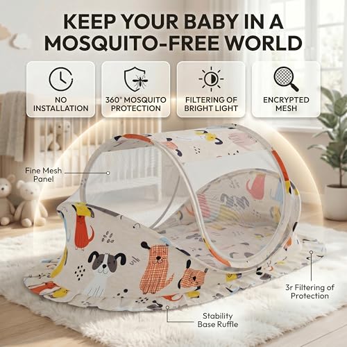 Image of StarAndDaisy Baby Mosquito net with Mattress for Baby, Portable Baby Lounger for Kids, Breathable mesh Mosquito Net. (Dog Print)