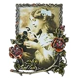 Goutangen 4x6 Picture Frame Vintage Decor Ornate Red Rose Flower Antique Photo Frame with Glass Front Metal Brass Art Table Top Decor for Valentines Wedding Anniversary Birthday Mothers Day Gifts