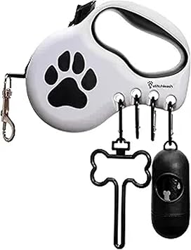 Award-Winning Retractable Dog Leash for Small and Medium Dogs (Max 55 lbs), Clip & Go System with Reflective Tape and Ergonomic Handle, Includes Clips, Poop Bag Holder and Dispenser, White