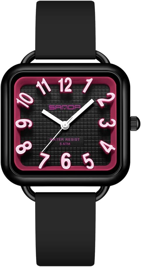 FANMIS Women Fashionable Square Analog Quartz Watch Easy Read Waterproof Unisex Big Numbers Sport Watch with Colorful Silicone Band,Minimalist Exam Wristwatch