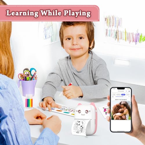 Mini impressora portátil, impressora térmica de bolso com 13 rolos de papel, impressora inteligente