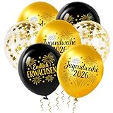 Jugendweihe 2025 Dekoration Schwarz Gold, 24 Stück Luftballons 3 Stile, 12 Zoll Latex Ballons mit „Endlich Erwachsen“, Hängende Partydekoration für Jungen und Mädchen