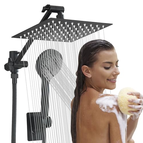 Cabezal de ducha rectangular negro mate 8 pulgadas con brazo extensible