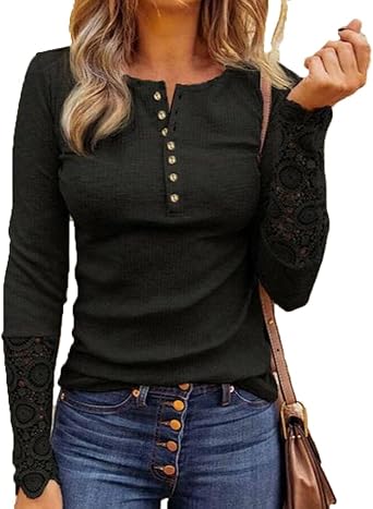 Miselon Womens Long Sleeve Henley Shirts V Neck Lace Button Tops Ribbed Knit Casual Slim Fit Blouse