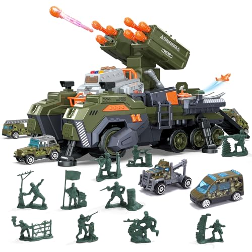 Cute Stone CS-LTTK Army Tank Toys, Army Men Tanks Playset With 6 Army Vehicles, Soldier Men, Big Military Tank Toys With Lights And Sounds, Launcher, Army Toy Gifts For Toddler Kids Boys cover